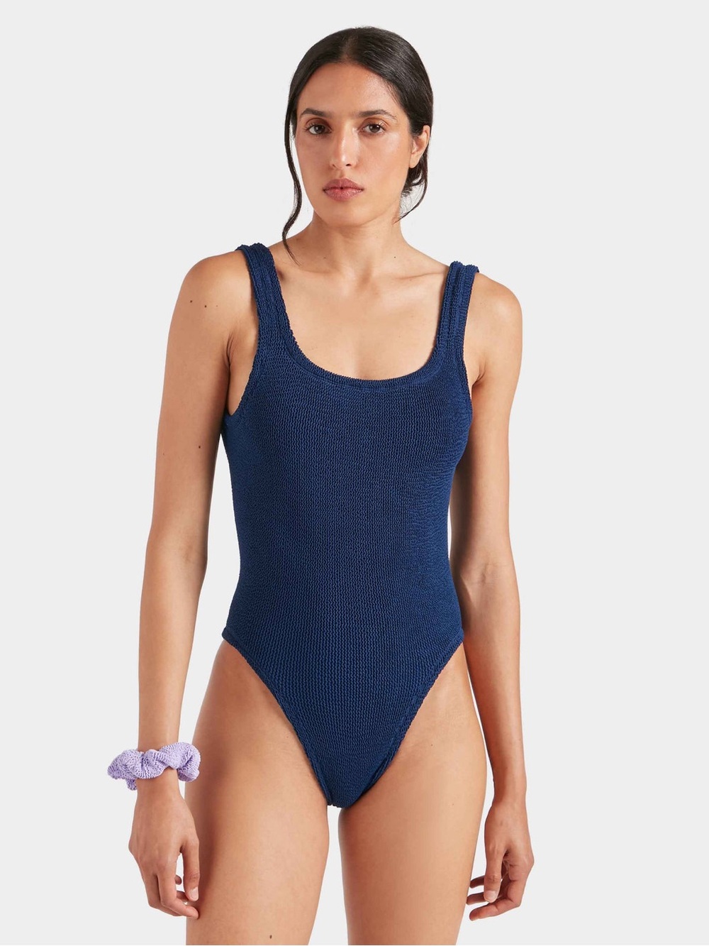 Hunza G Square Neck One Piece Swimsuit Navy Silver Metallic One Size